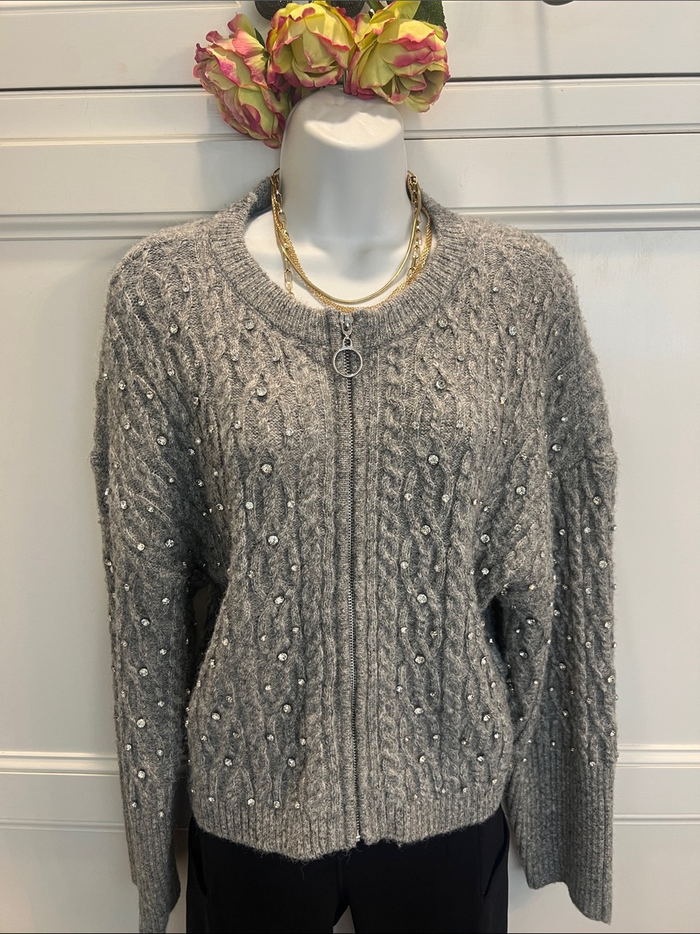 Christian Lacroix Gray Beaded Cable-Knit Zip Cardigan